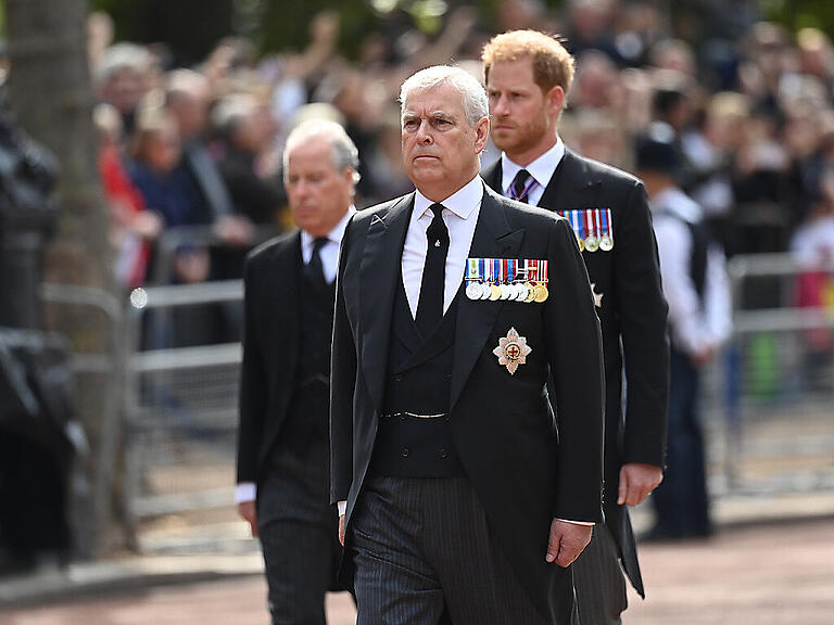 Prinz Andrew (M), Herzog von York, und Harry, Herzog von Sussex, könnten bei Totenwachen am Sarg der gestorbenen Queen Militäruniformen tragen. Foto: Kate Green/PA Wire/dpa